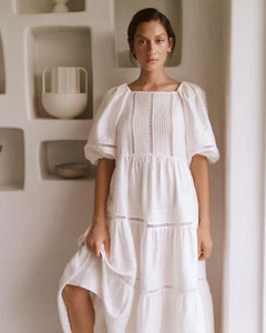 Shona Joy Dress Size AU 8/US 4 Joia Linen PinTuck Puff Sleeve Midi White Wedding - Picture 1 of 12