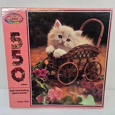 Vintage Ceaco Jigsaw Puzzle Easy Rider Kitten In Basket 550 Pieces 1989 18"x24" - Image 1 of 4