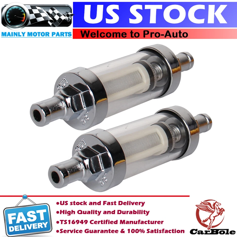2PCS 9748 Universal Fuel Filter ​Clear View Inline 3/8" Chrome Hose Barb Petrol - Image 1 of 4