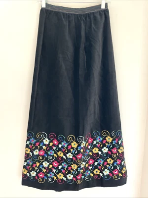 Maxi Falda Vintage Terciopelo 25" Cintura Negra Floral Bordado Vacaciones Cottagecore Foto 1 de 4