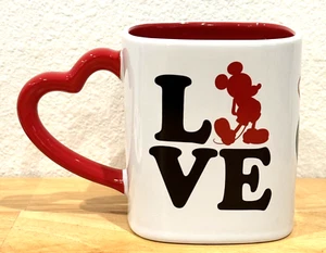 DISNEY STORE MICKEY MOUSE LOVE SQUARE BLACK WHITE RED HEART HANDLE COFFEE MUG - Picture 1 of 8