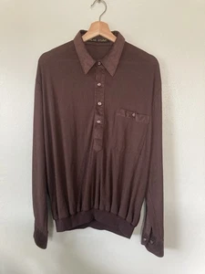 VTG Alan Stuart Grandpa Collar Pullover Knit shirt Large USA Made Brown sopranos - Picture 1 of 7
