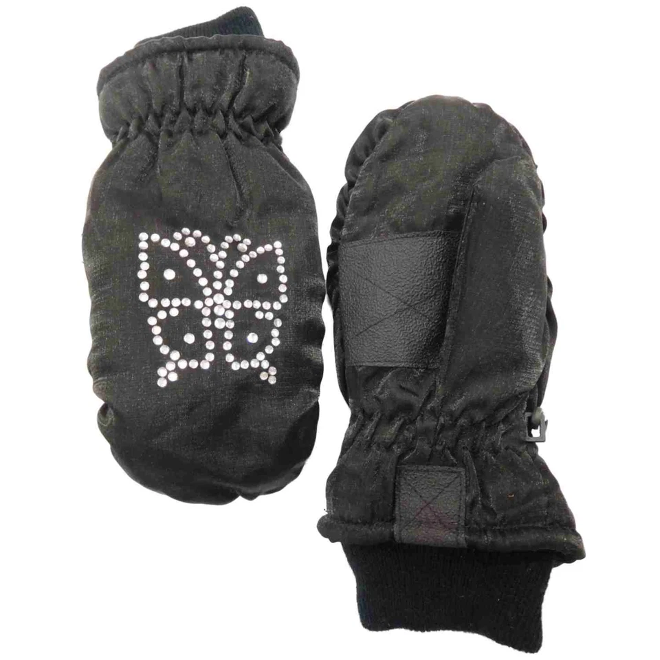 Mitones de esquí con mariposa de diamantes de imitación negros forrados aislantes pequeños para niñas Foto 1 de 1