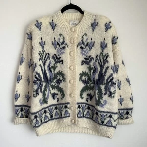 Vintage Express Handknit Cardigan Floral Mohair Brushed Knit Sweater Cottagecore - Picture 1 of 12