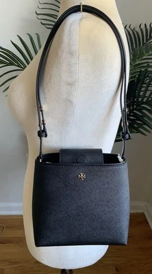 NWT TORY BURCH EMERSON  BLACK LEATHER BUCKET CROSSBODY/SHOULDER BAG - Image 1 of 4