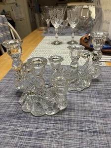Cambridge Glass Rosepoint Etched Candlesticks - Picture 1 of 8