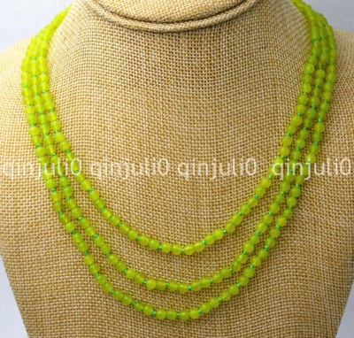Fashion 3 rows 4mm green peridot gemstone round beads Necklace 17-19" - Image 1 of 4