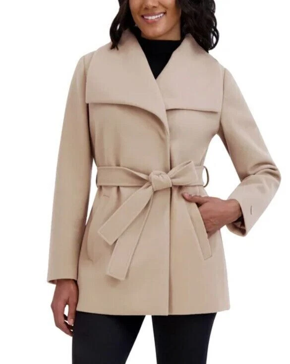 Tahari Women's Water-Resistant Tie Belt Trench Wrap Coat Jacket Cream Size L