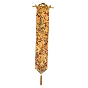 Vintage Wall Tapestry Bell Ringer Floral Red Tassel Brass Bow Hanger 42" x 6.25" - Picture 1 of 9