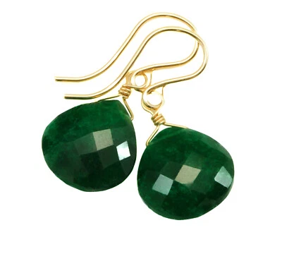 Green Emerald Earrings Natural Heart Teardrops Sterling 14k Solid Yellow Gold - Image 1 of 4