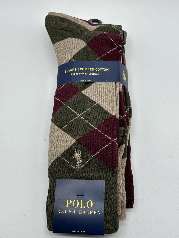 NUEVO 3 PARES POLO RALPH LAUREN PARA HOMBRE ALGODÓN VESTIDO CALCETINES PATRÓN ARGYLE Foto 1 de 4