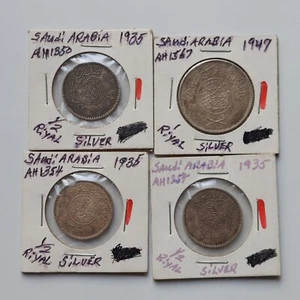 Lot of 4 Saudi Arabia Coins- 3 AH 1354 (1935)  Silver 1/2 Riyal + 1947 1 Riyal - Picture 1 of 6
