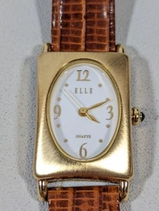 Elle White Dial old T/one Rectangle Case Brown Leather Band Watch - Picture 1 of 9