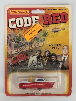 Matchbox 1981 Винтажный Код Красный Пожарный Департамент LAFD Пожарная лодка 01-02-94 Карточка Новый из старых запасов - Изображение 1 из 4