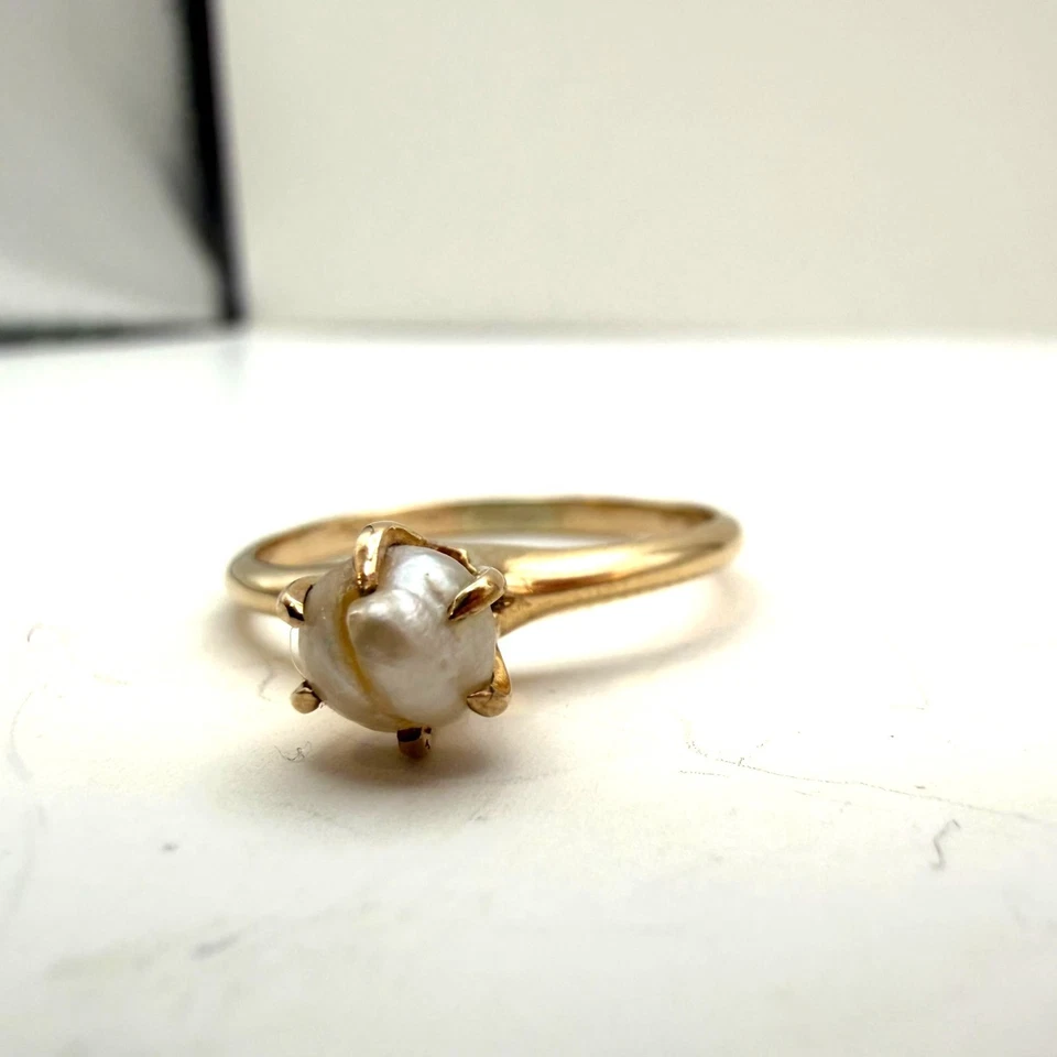 Винтажное кольцо из 14-каратного золота с проверенным пресноводным жемчугом и солитером желтое золото без маркировки - Изображение 1 из 4