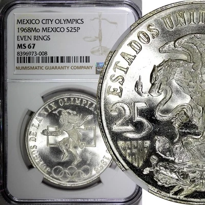 MEXICO Silver 1968 Mo  25 Pesos NGC MS67 Olympic Games Even Rings KM# 479.1 (8) - Image 1 of 4