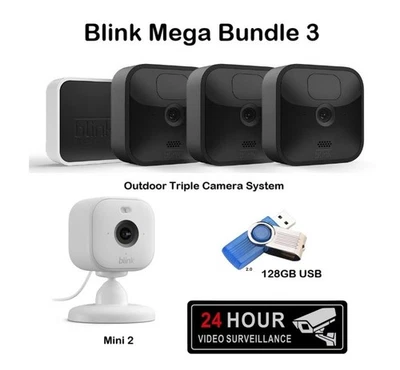 Blink Outdoor Triple Camera System + Mini 2 Camera + 128GB + Acrylic CCTV Sign - Image 1 of 4