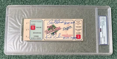 DODGERS 1988 WORLD SERIES TICKET GAME 1 SIGNED KIRK GIBSON OREL HERSHISER PSA 10 - Image 1 of 4
