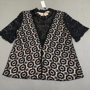 Women's Lace Velvet Contrast Illusion Shirt Top Size Large Sheer Mock Neck NEW - Picture 1 of 12