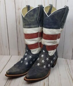 Roper Cowboy Boots American Flag Pointed Toe Leather Sz 9 Handmade Mexico Mens