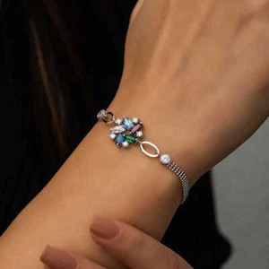 925 Sterling Silver Vibrant Baguette Women's Bracelet with Colorful Gemstones - Picture 1 of 3