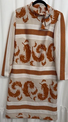 Vintage Leslie Fay Knits Dress Double Knit Brown Feather Pattern MIdi M - Image 1 of 4