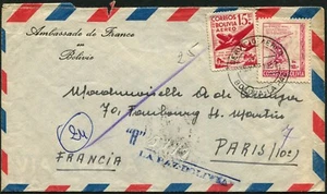 Bolivia France Embassy Registered Airmail Cover to Paris 1952 Latin America - Picture 1 of 2