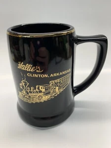 Hallie's Clinton Arkansas Black Mug Cup Gold Trim Souvenir Rare Tourist Trap - Picture 1 of 8