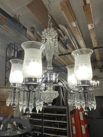 1940s Hollywood Regency Style Crystal Five Light Chandelier Ceiling Fixture Cover