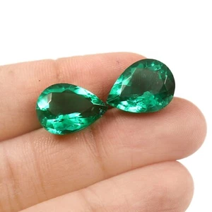 Lab Grown Emerald Faceted  Gemstone Pair Faceted Pear Shape 10X14X6 MM - Picture 1 of 4