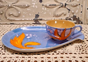 Japanische Glanzware Orange Blau Blumen Snack Mittagessen Teller Tasse 2 Stück Set - Bild 1 von 5