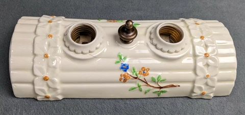 PORCELIER 2-Bulb Porcelain Ceiling Light w/ Blue-Green-Orange Accents, Restored Cover