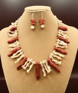 RED CORAL & PEARL Frangipani With Silver Beads - Picture 1 of 3