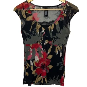 Y2K Kenneth Cole M 100% Silk Floral Top Peekaboo Lace Slinky Slim Fit Cap Sleeve - Picture 1 of 4
