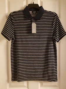 Ben Sherman Short Sleeve Striped Polo Shirt Textured Nautical Navy Blue White Sm - Picture 1 of 6