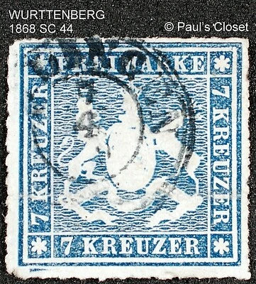 WURTTEMBERG 1868 SC 44 7kr SLATE BLUE ROULETTED USED NO GUM  F/VF SEE PHOTOS  - Image 1 of 2