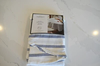 Threshold 70” ROUND TABLECLOTH WHITE W/ NAVY BLUE STRIPES Oeko-Tex NEW - Image 1 of 3