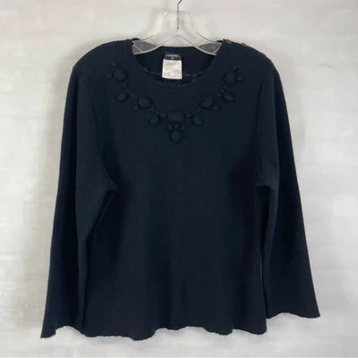 CHANEL Black Wool Sweater CC Button Pom Pom Bobble Embellished Size 46 Vintage - Image 1 of 4
