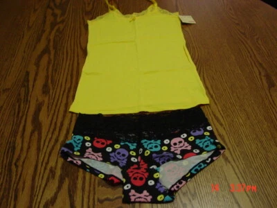 Junior Womens 2 piece Pajama set Yellow Skulls - Image 1 of 4