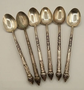 Sterling Silber Löffel Indochina Vietnam Kambodscha China geschnitzt 6 Stück Vintage - Bild 1 von 12