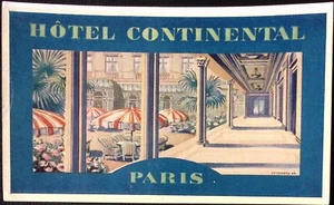 Etiqueta de equipaje vintage Hotel Continental Paris Patio Café View 3,5 x 5,75" - Imagen 1 de 2
