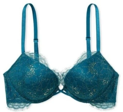 Victoria's Secret Bombshell + 2 cups plunge bra teal & gold chantilly lace 32D - Image 1 of 4