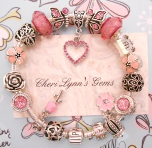 PINK VALENTINE STERLING SILVER BRACELET WITH CZ HEART LOVE CHARMS & GIFT BOX! - Picture 1 of 6