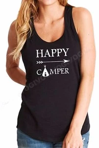 Womens Tank Top Happy Camper Shirt Camping T-shirt Tee Funny Gift Women S-XXL - Picture 1 of 5