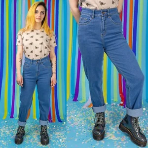 Run and Fly Mom Jeans - High Waist Blue Denim Jeans 90's Retro Style 24"-36" - Picture 1 of 12