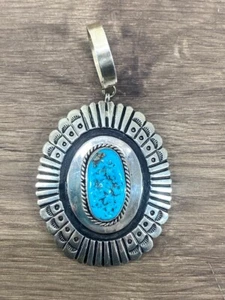 Navajo Signed T&R Singer Sterling 925 Turquoise Oval Pendant Large B (WCP031930) - Picture 1 of 12