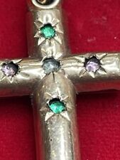 † RARE BLESSED ANTIQUE NUN'S GOLD WASH DROP CROSS PIN BROOCH W/ STONES 1 3/8" †