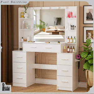 Vanity Set w/ 11 LED Lighted Mirror Makeup Desk Dressing Table with 7 Drawers US - Picture 1 of 11