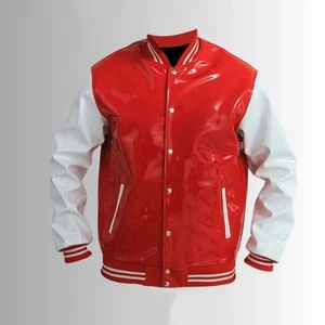 Handmade Black & White Vinyl PVC Varsity Jacket Shiny Baseball Letterman Jacket - Picture 1 of 13