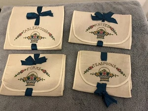Vintage Set of 4 Embroidered Silverware Holder Rollup - Picture 1 of 7